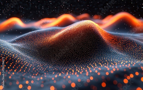 Abstract digital landscape with glowing waves and particles in dark background