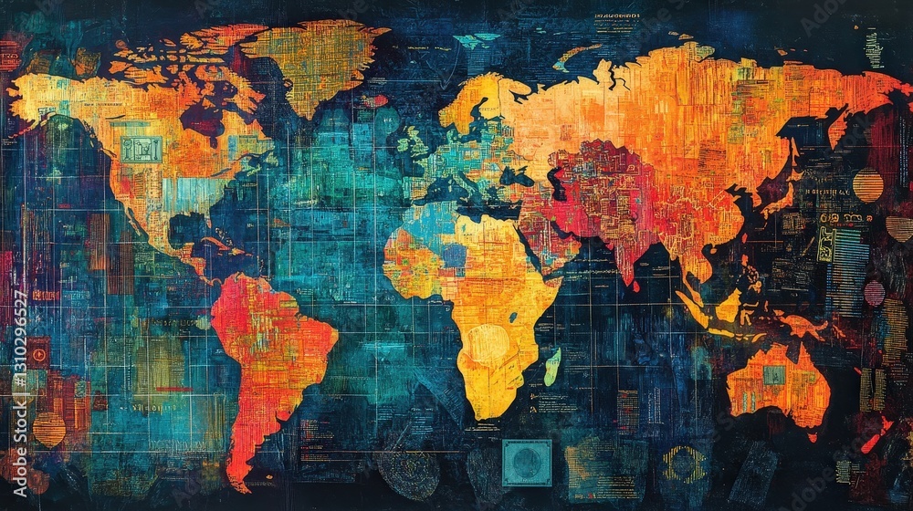Obraz premium A vibrant, abstract world map featuring colorful continents, set against a textured background, illustrating global connectivity and diversity.