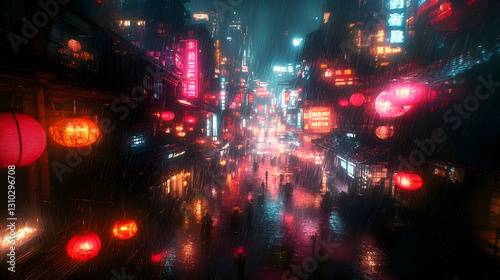 Rainy night, futuristic Asian city street