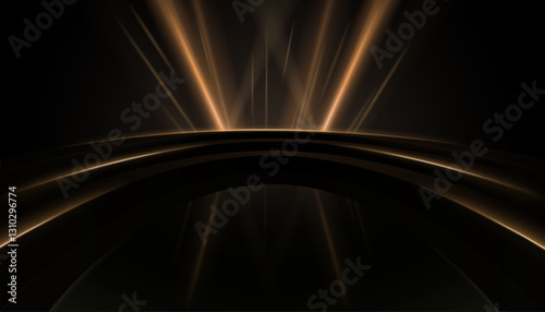 Luxury black background stage with abstract golden lights for product display. Glossy floor surrounded by booth or podium with golden neon line elements and decoration with light effects or racing car