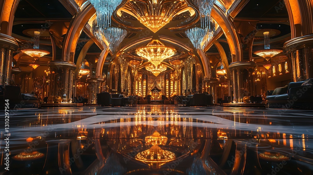 Obraz premium Luxurious hotel lobby with grand chandeliers, ornate architecture, and reflective floor.