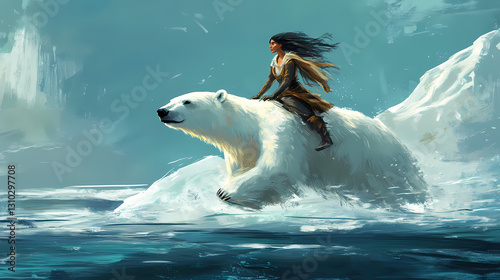 Woman riding top polar bear tenderness druid portrait endangered pet inspiring white brave young girl. Glacial - Iceberg. Illustration
