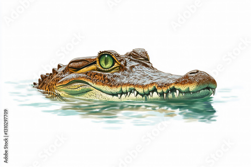 A crocodile is swimming in the water with its eyes open. The water is calm and the crocodile is the only thing visible