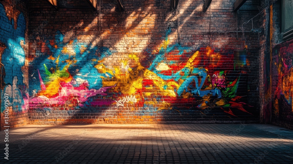 Obraz premium Colorful graffiti adorns a brick wall inside a building featuring a matching brick floor.