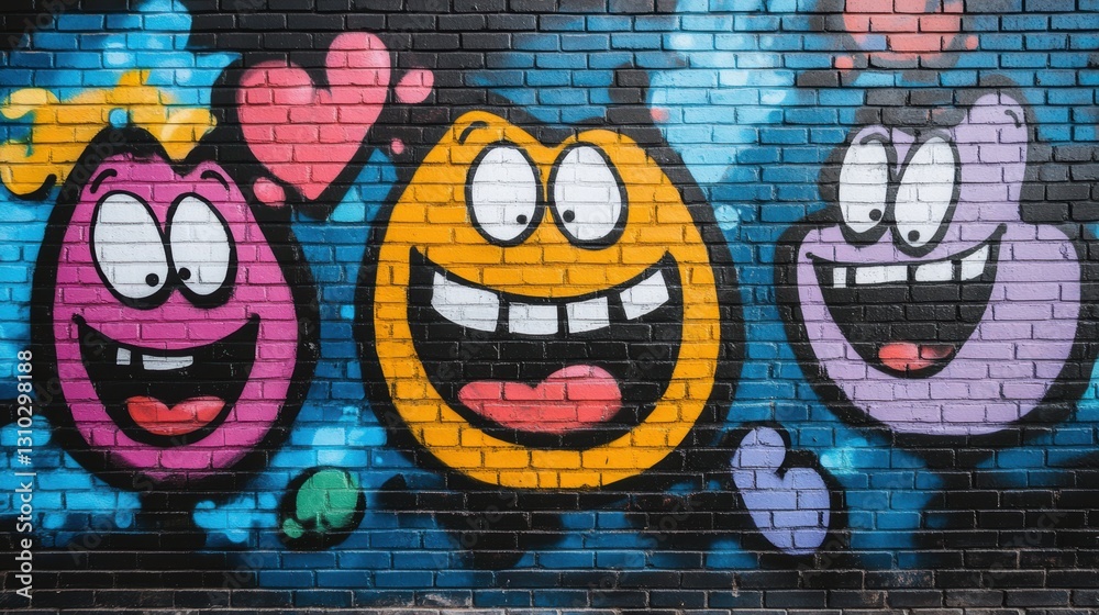 Obraz premium Colorful graffiti features three cartoon faces on a textured brick wall.