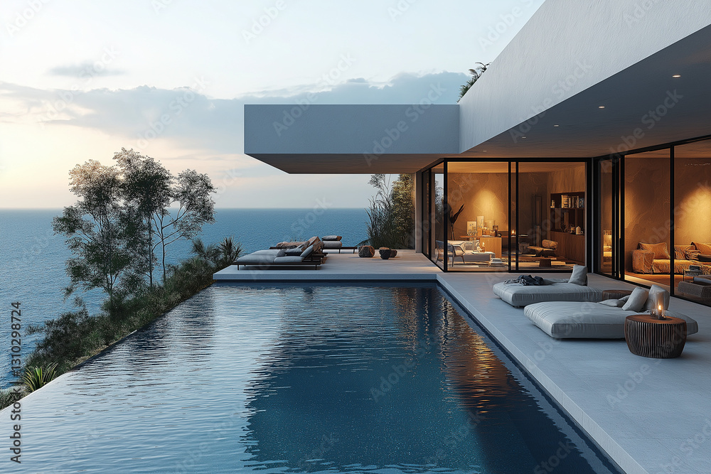 Obraz premium Photographie immobilière d’une terrasse de maison de vacances moderne luxueuse avec piscine à débordement et vue sur la mer. rendu 3D, HDR, idées déco et aménagement tendance.