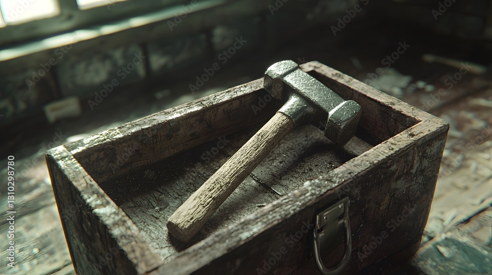 A sturdy metal hammer in the toolbox A sturdy metal hammer in the toolbox