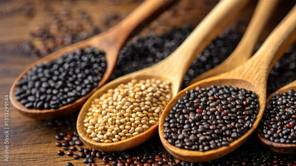 Aromatic Quinoa Varieties: Black, Red, and White Quinoa Seeds in Wooden Spoons Aromatic Quinoa Varieties: Black, Red, and White Quinoa Seeds in Wooden Spoons