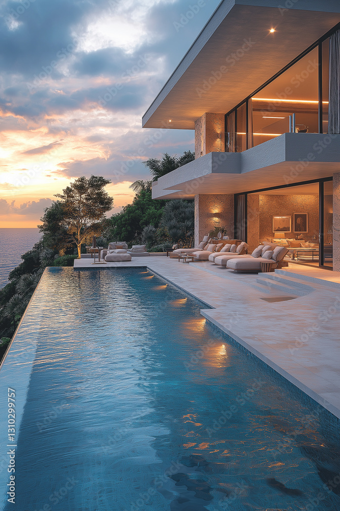 Fototapeta premium Photographie immobilière d’une terrasse de maison de vacances moderne luxueuse avec piscine à débordement et vue sur la mer. rendu 3D, HDR, idées déco et aménagement tendance.