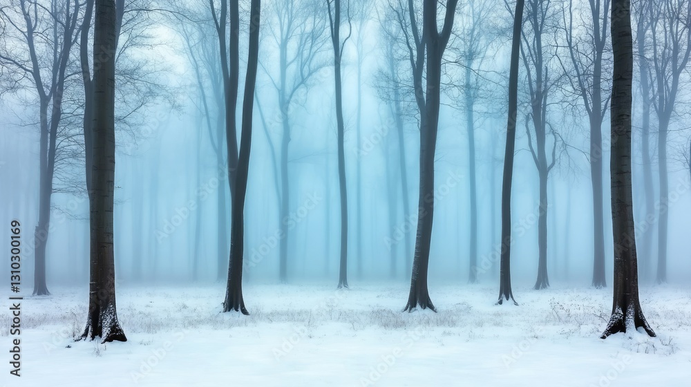 Obraz premium Trees stand in snow, foggy woods. Winter scene, light blue hue. Serene, peaceful, landscape