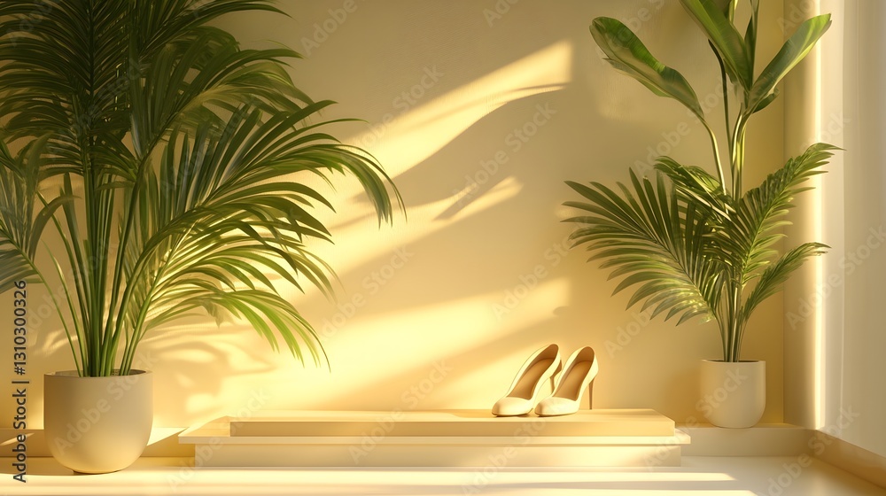Fototapeta premium The shoe rack under soft light harmoniously complements the wall