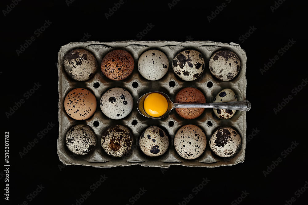 Quail eggs in egg carton with one raw yolk on spoon against dark black background Quail eggs in egg carton with one raw yolk on spoon against dark black background