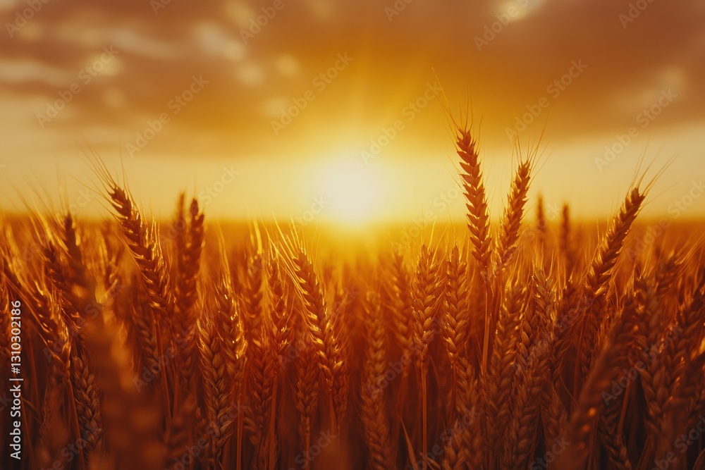 Sunset over a golden wheat field creates a serene and peaceful landscape. Sunset over a golden wheat field creates a serene and peaceful landscape.