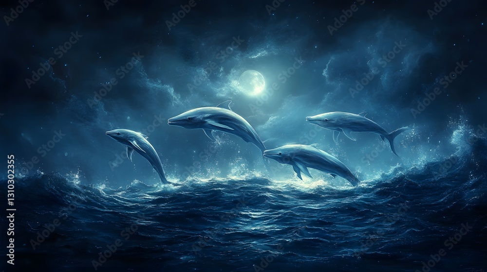 Fototapeta premium Silver fish schools under the moonlight