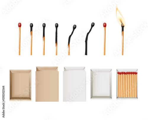 Matchbox, empty package for match sticks in top and perspective view. Realistic mockup of 3d blank box. Stages of burning the match. Symbol of ignition burning. Vector