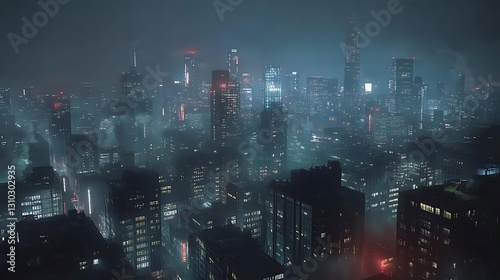 Foggy night city skyline aerial view