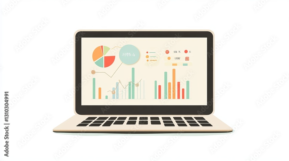 Laptop screen with diagram and charts semi flat colour vector object. Editable cartoon clip art icon on white background. Financial operations progress. Simple spot illustration for web graphic design Laptop screen with diagram and charts semi flat colour vector object. Editable cartoon clip art icon on white background. Financial operations progress. Simple spot illustration for web graphic design