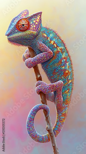 Dreamy Pastel Chameleon on a Branch