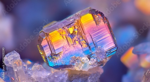 Iridescent bismuth crystal reflecting rainbow hues, revealing intricate metallic structure through detailed macro close up photography