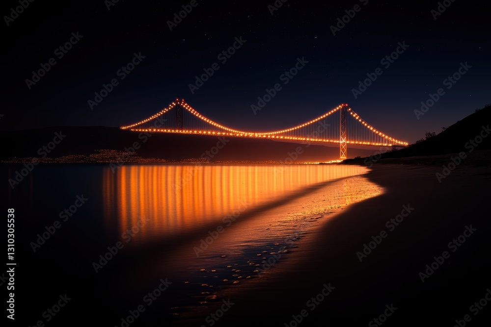 Obraz premium Aerial view of a illuminated bridge at night with reflections shimmering in the water below.