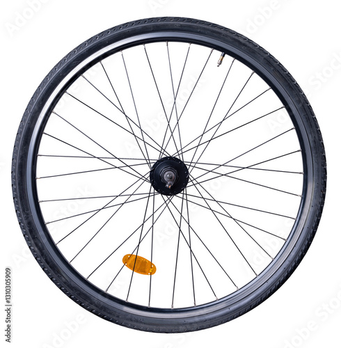 Front bicycle wheel with generator on isolated background.
