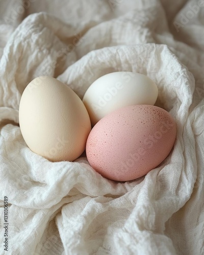 Three beautifully colored eggs resting on a soft, textured fabric backdrop, showcasing natural hues