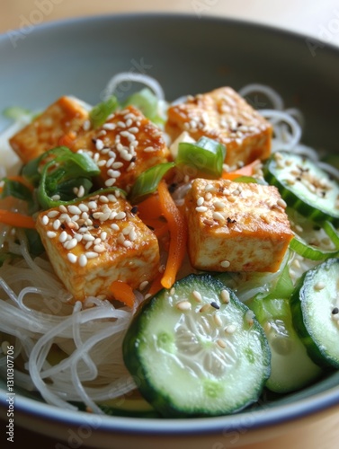 Delicious tofu and noodle dish with fresh vegetables in a bowl photo