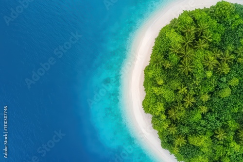 Aerial View of Tropical Island with Lush Green Trees and Sandy Beach Surrounded by Blue Ocean Water