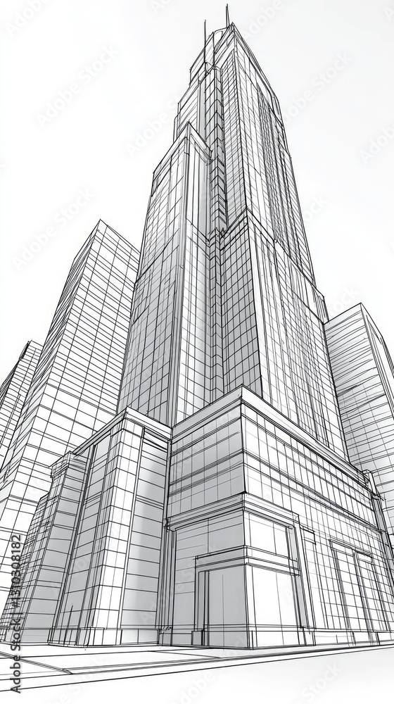 Fototapeta premium Skyscraper outline architectural drawing. Design concept for commercial real estate background