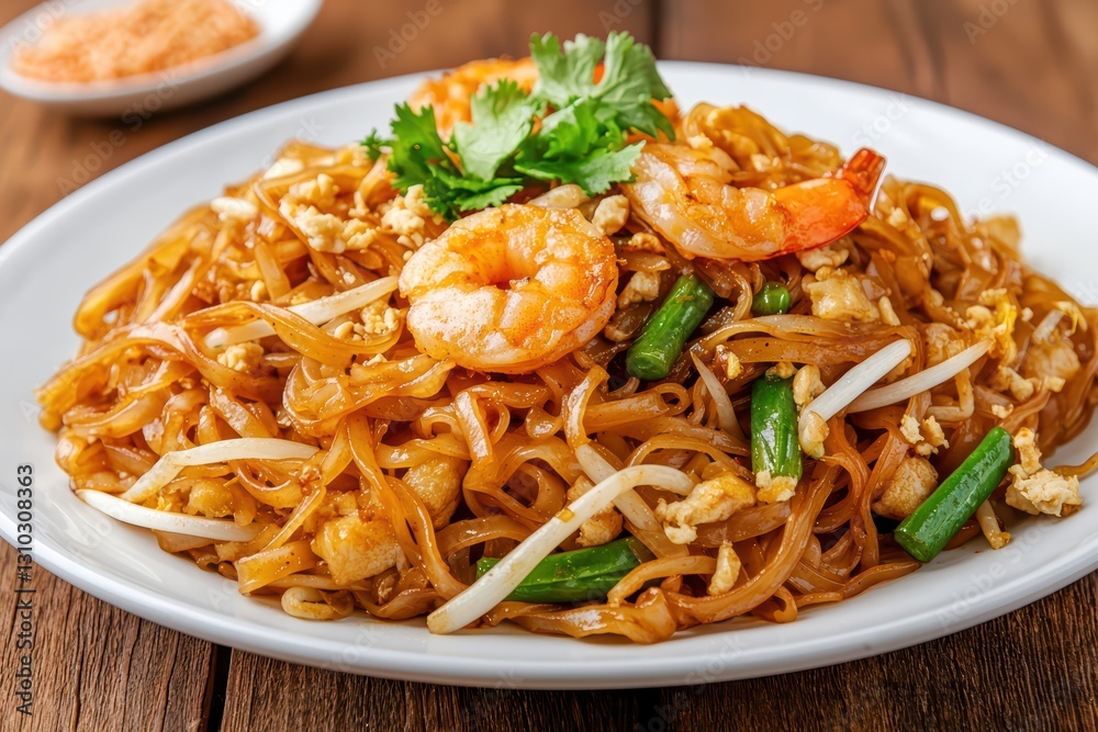 Authentic Pad Thai Noodles with Fresh Toppings and Shrimp Served on Plate Authentic Pad Thai Noodles with Fresh Toppings and Shrimp Served on Plate