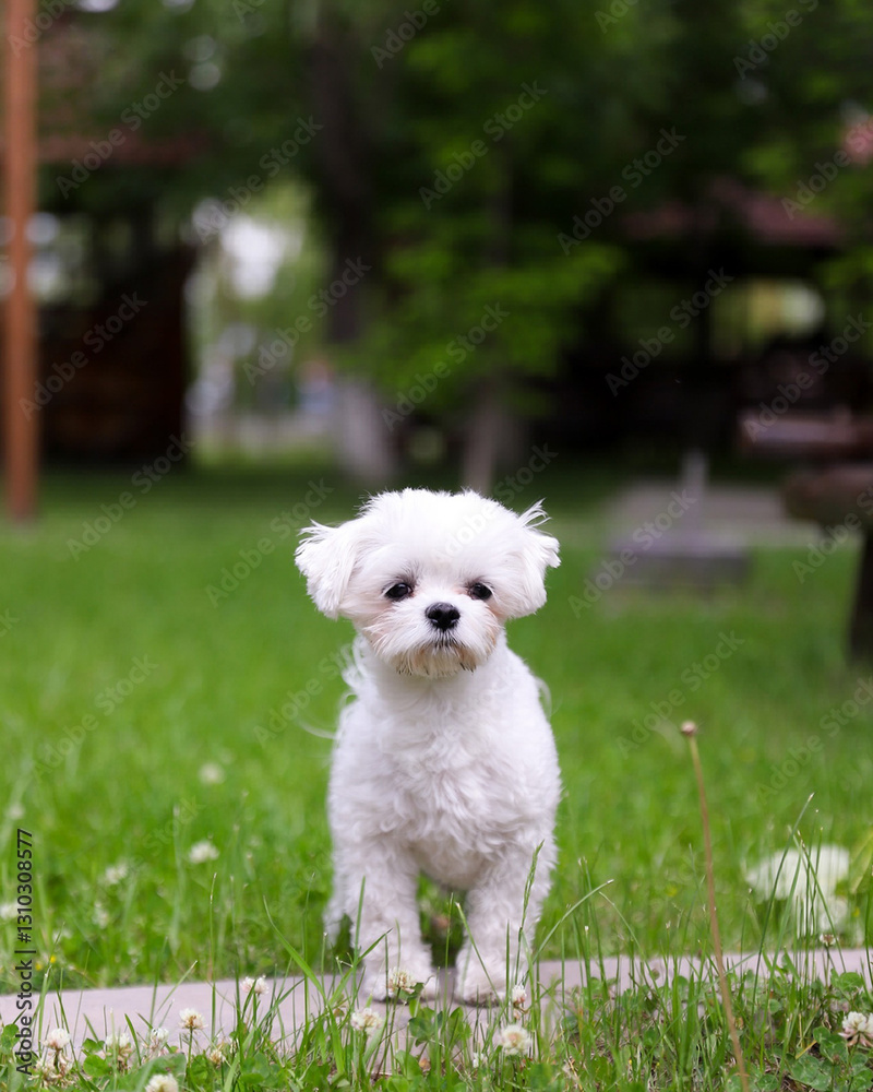 Adorable White Maltese Dog Standing on Green Grass Outdoors Adorable White Maltese Dog Standing on Green Grass Outdoors