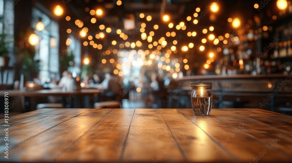 Rustic cafe table, blurred background, warm lights Rustic cafe table, blurred background, warm lights