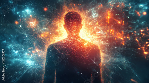 Man surrounded by glowing light and neural patterns symbolizing the intersection of consciousness energy and the boundless potential of human thought. Boundless - Horizon. Illustration