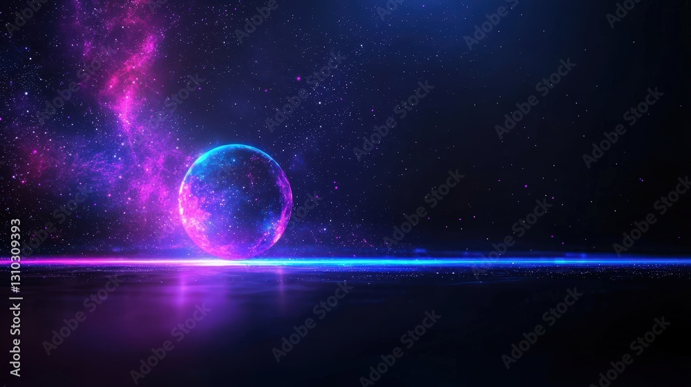 Obraz premium Glowing orb on reflective surface with cosmic background.