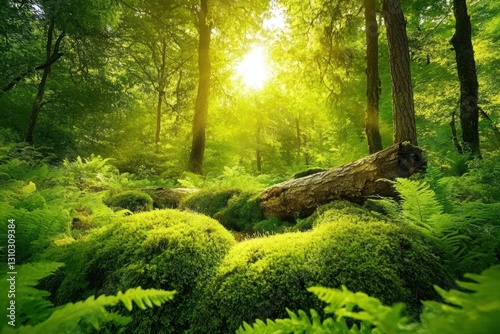 Close-up of a mossy forest featuring a fallen tree amidst lush greenery. photo