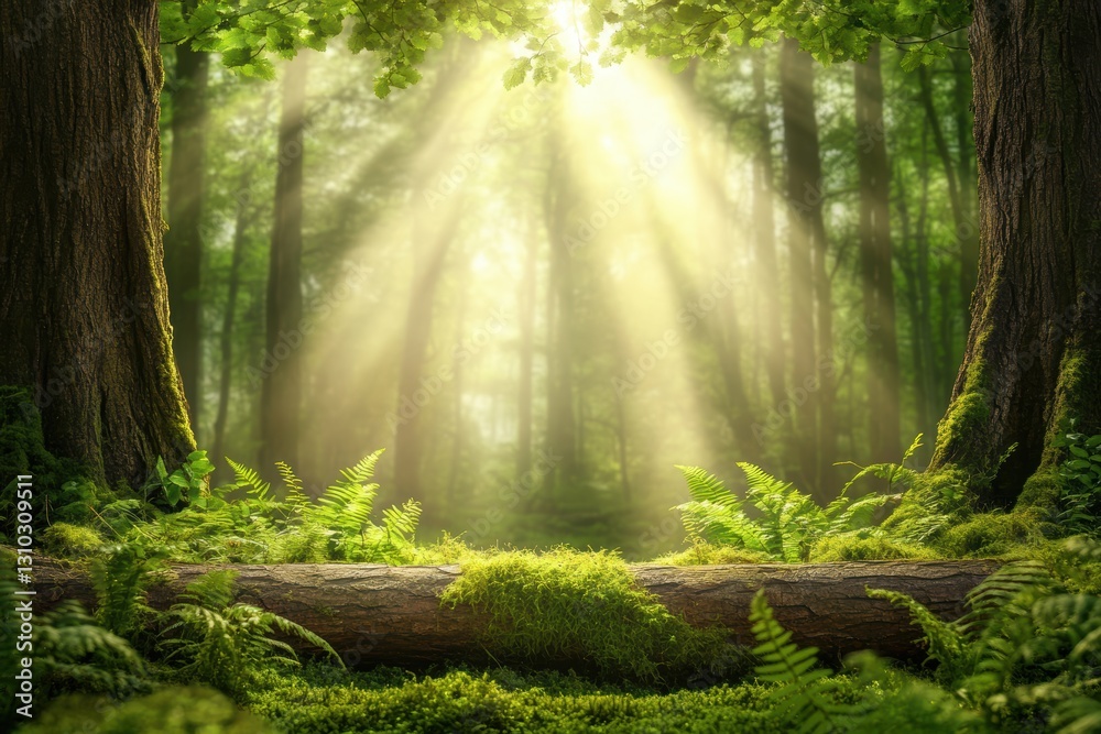 Fototapeta premium Sunlight filters through trees, illuminating ferns in a serene forest setting.