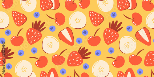 Summer juicy seamless pattern with strawberry, cherry, banana, blueberry, whole and slices fruit and berry. Vector illustration, flat hand drawn style. Isolated yellow background.