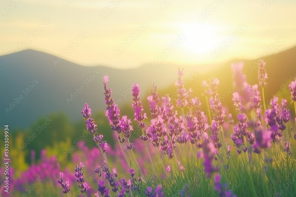 Fototapeta premium Lavender flowers bloom in a field during a beautiful sunset.