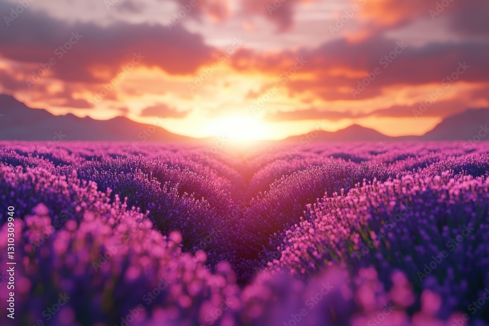 Obraz premium A serene lavender field illuminated by a vibrant sunset sky.