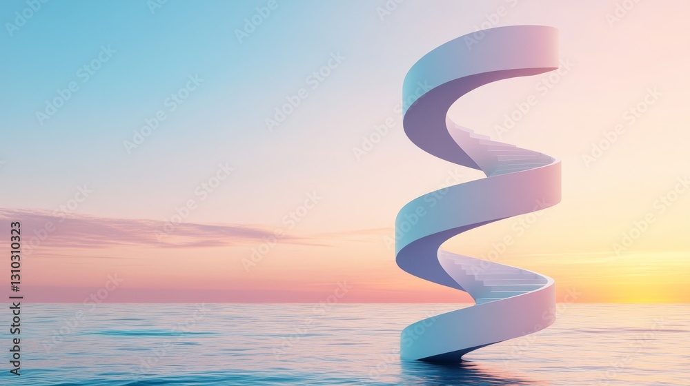 Obraz premium A modern spiral staircase rises above tranquil waters under a pastel sunset, symbolizing innovation and limitless possibilities.