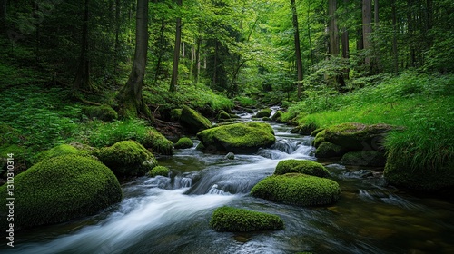 A serene forest stream flows over moss-covered rocks, surrounded by lush greenery, creating a tranquil natural setting.