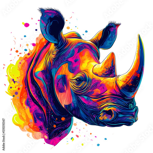 Vibrant Abstract Digital Illustration of a Rhino with Neon Colors and Splattered Paint Effects