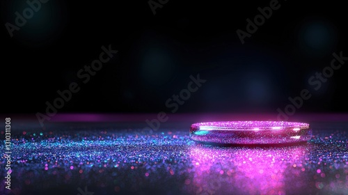 Glowing pink and blue glitter platform on dark background.