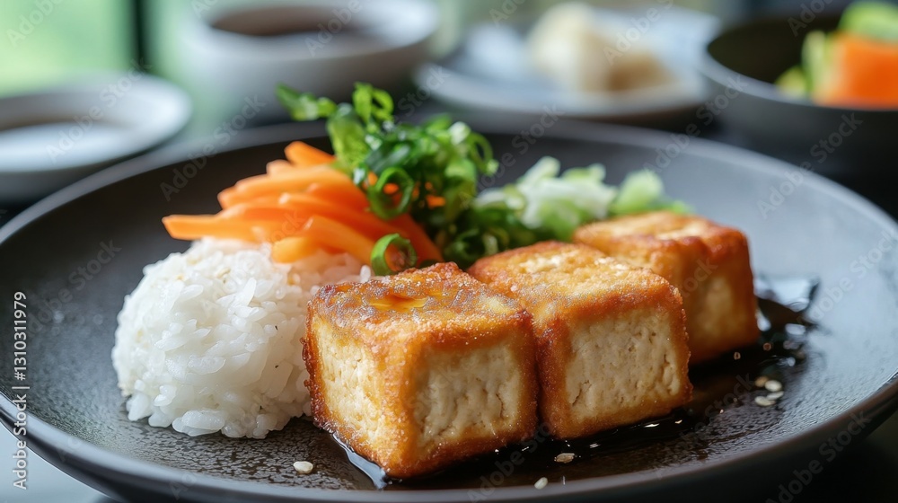 Asian fried tofu with vegetables, tofu and rice served on table Asian fried tofu with vegetables, tofu and rice served on table