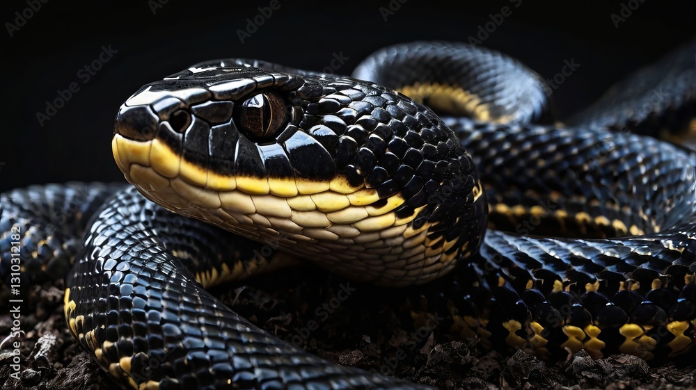 Fototapeta premium Fearsome Black Snake with Red Eyes, Coiled and Ready to Strike