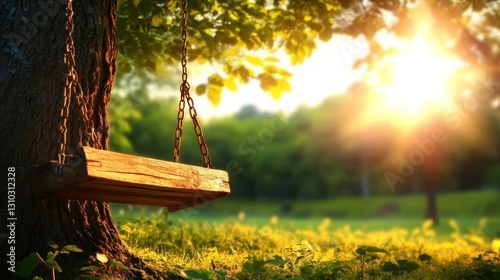 Wooden swing in a sunny park