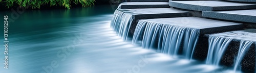 A serene landscape featuring a cascading waterfall with smooth stones and tranquil water, evoking peace and natural beauty.