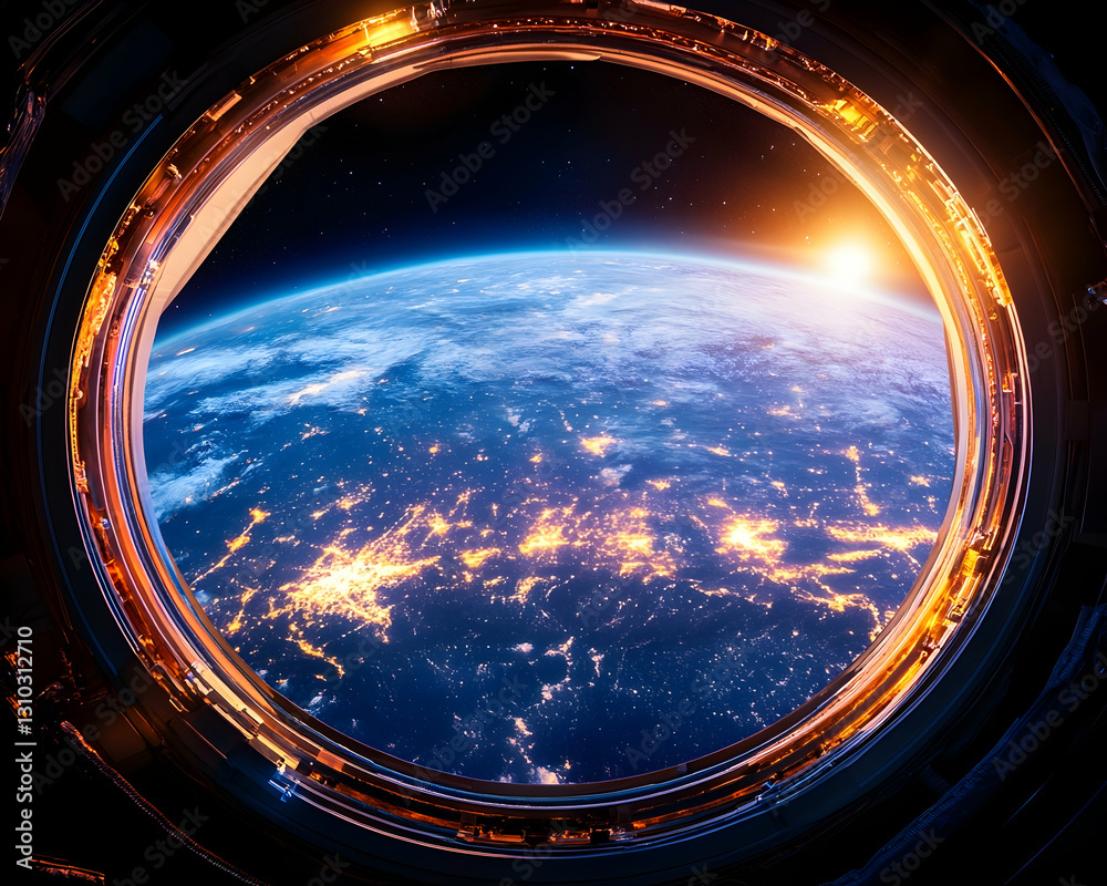 Earth view through spaceship window, sunrise over globe, stars background Earth view through spaceship window, sunrise over globe, stars background