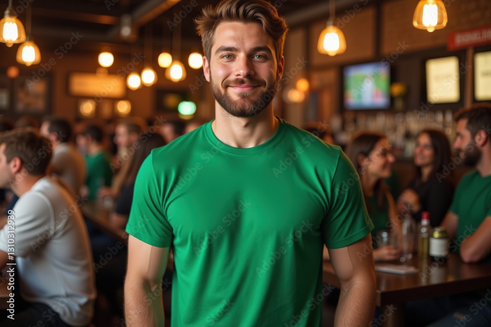 A Young Caucasian Man in a Green T-Shirt Smiling at a Vibrant Bar Environment Filled with People During a Social Gathering or Celebration A Young Caucasian Man in a Green T-Shirt Smiling at a Vibrant Bar Environment Filled with People During a Social Gathering or Celebration