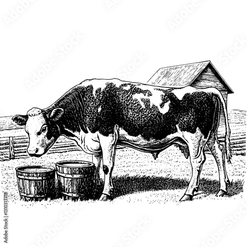 Engraved illustration of a serene cow near wooden barrels beside a rustic barn in a picturesque pastoral setting